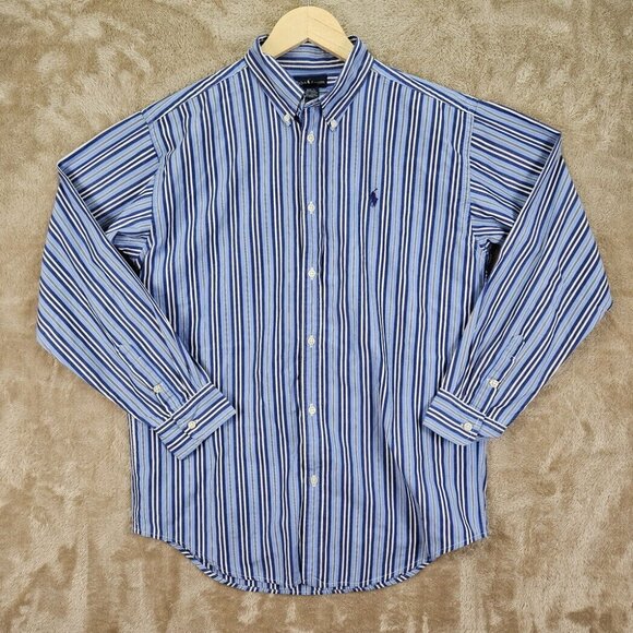 Ralph Lauren Navy Blue Button-Down Shirt Teen Size XL Striped Oxford Long Sleeve - Picture 1 of 10